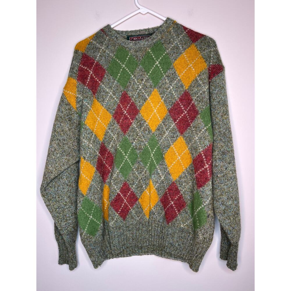 Cork & Kerry Traders Ireland Wool Green Red Argyle Old Money Academic Sweater L